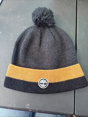Timberland Kids Black and Mustard Pom Pom Knit Beanie